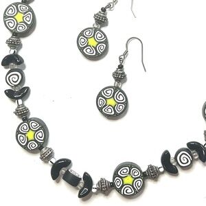 Artisan Swirl Necklace and Earring Set in Lime Green Black and White